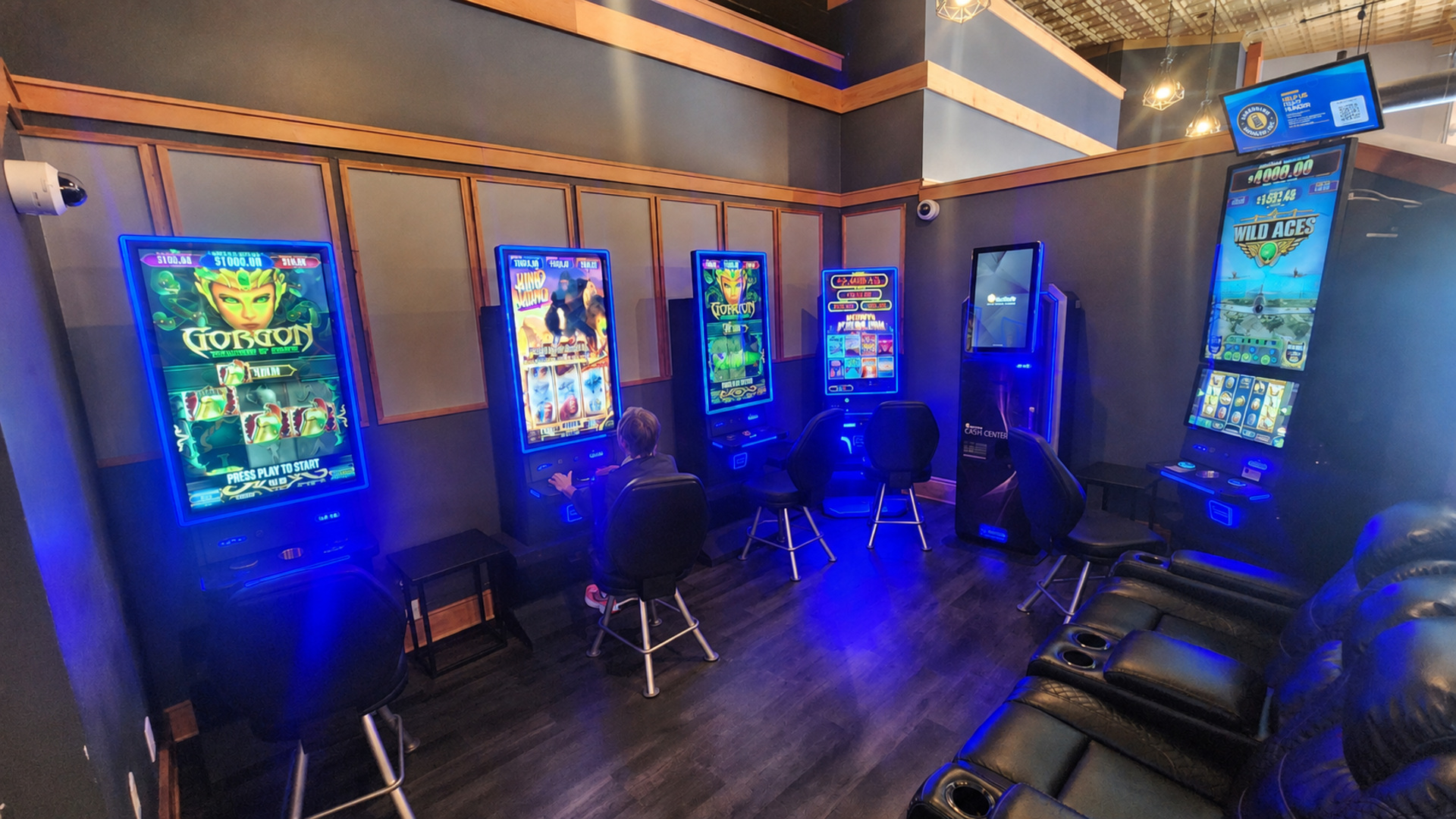 A complete Wisconsin gaming room installation with Shredding Hunger advertising
